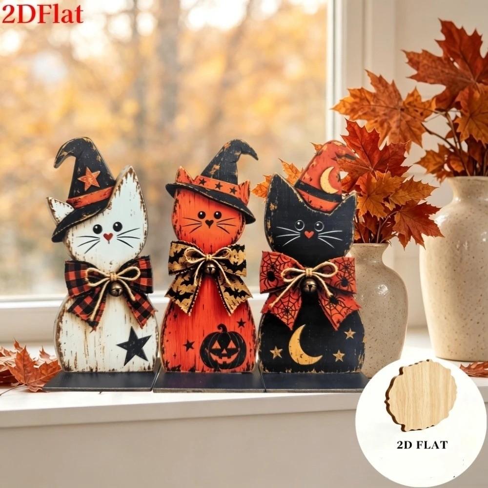 3Pcs Thickened 2D Flat Wooden Halloween Witch Cat Set Thanksgiving Party