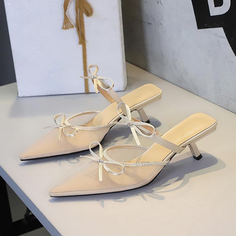 Korean Version Of Lace Half-Tugged Thin Heels For With Pointed Toe Shallow Mouth Bow With One Strap Strap Mid-Heel Slippers