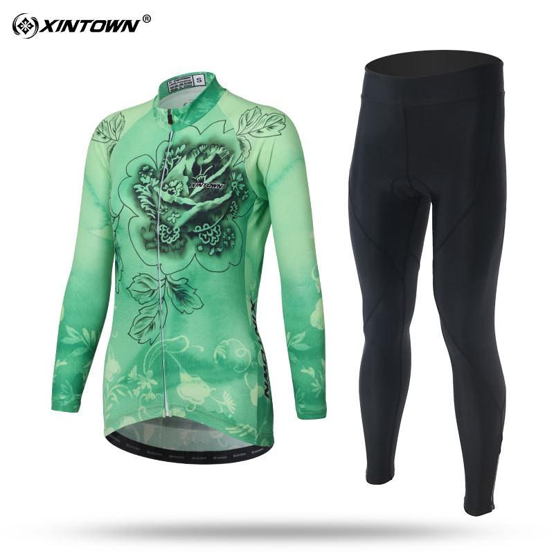 Womens Cycling Jersey Set Long Sleeve Breathable Bike Riding Outfit Sportswear