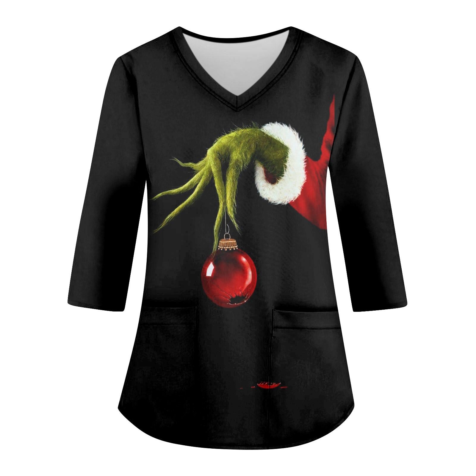 

Women s Loose V Neck Pocket Christmas Tree Print Three Quarter Sleeve Workwear Top XXXL