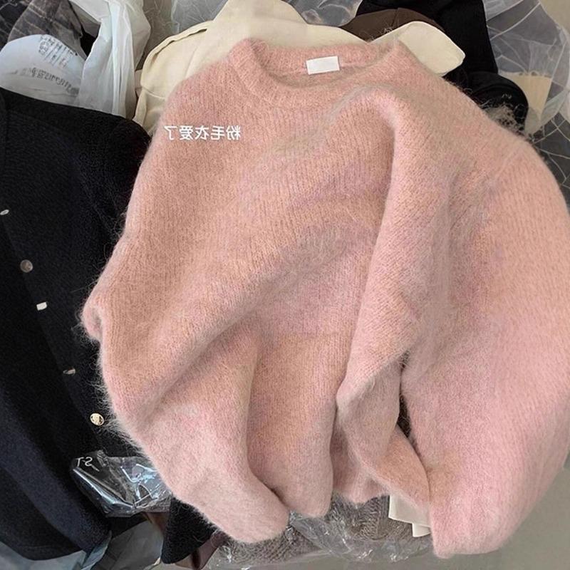 Autumn and Winter Gentle Soft Waxy Thick Niche Chic Pink Mohair Sweater Knitted Sweater