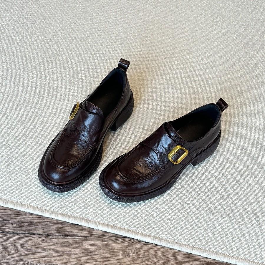 Retro British Style Belt Buckle Loafers Platform Sole One Pedal Thick Heel Single Shoes Small Leather Shoes