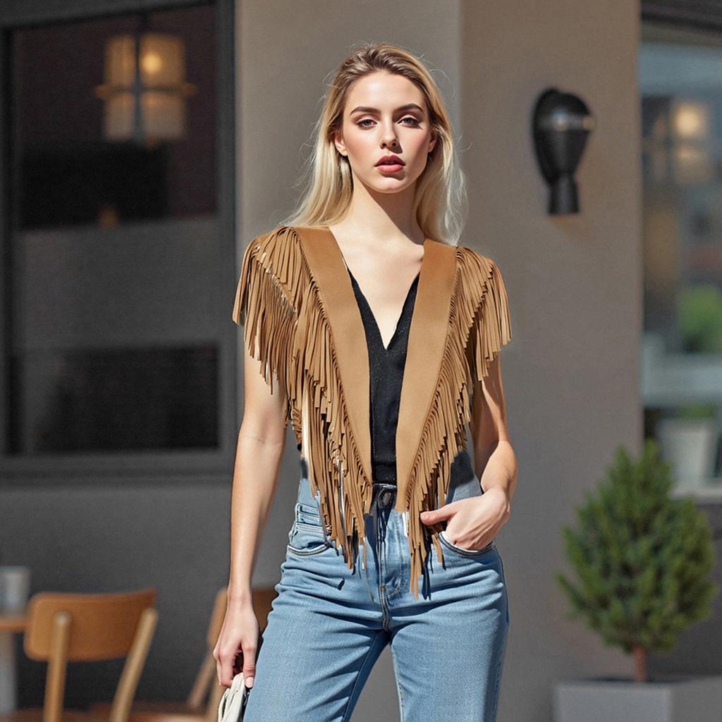 Damen Wildleder Quasten Weste 70er Jahre Hippie Outfit Ärmellos Offene Vorderseite Weste Western Kragen