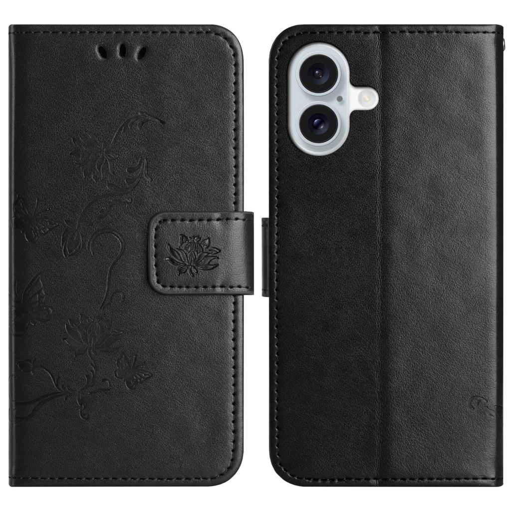 For iPhone 16 Plus Case PU Leather Wallet Phone Cover Butterfly Flower Pattern