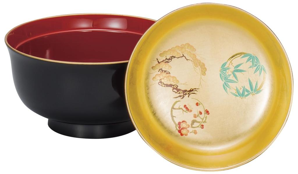 Maeju lacquerware Pine, Bamboo, and Plum Zoni Bowl, Black, 4T-516