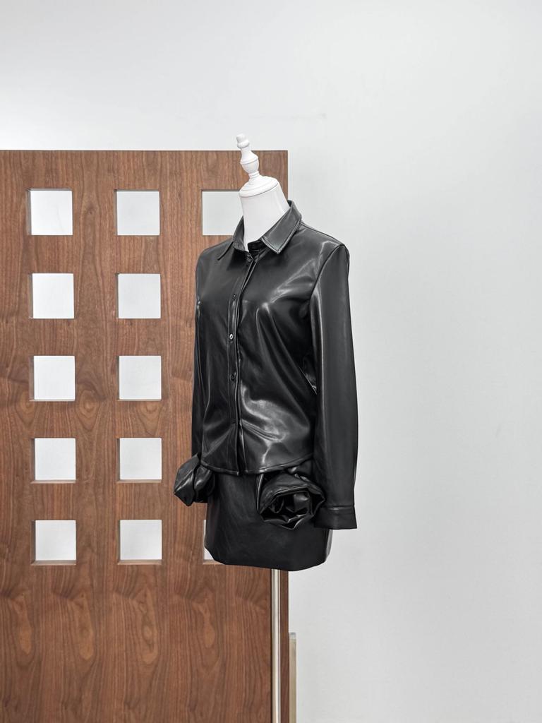 M@dga Niche Chic 3D Floral Slim Leather Jacket & Skirt Set