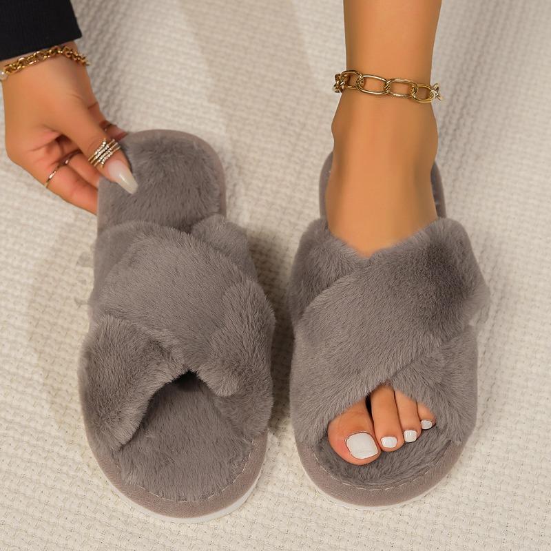 Slippers cross opening spring and autumn home non-slip flat bottom couple style fashionable simple open-toed fluffy slippers