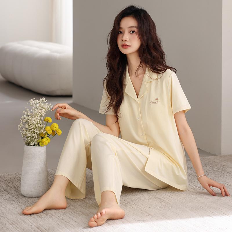 Pajamas with chest pads, women's summer thin cotton short-sleeved trousers, large size casual and high-end sense, can be worn outside loungewear