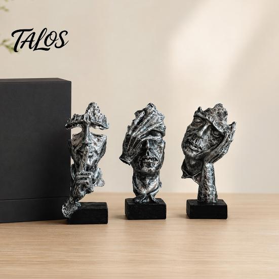 Talos 3Pcs Abstract Silent Figure Sculpture Set, Minimalist Art Desk Decor with Finger-to-Lips, Cover-Eyes & Chin-Rest Poses, Resin Statues for Living