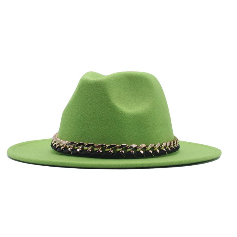 European, American Autumn and Winter British Style Fashionable and Elegant Flat-brimmed Big Eaves Hat Top Hat Men and Women Chain Jazz Woolen Hat
