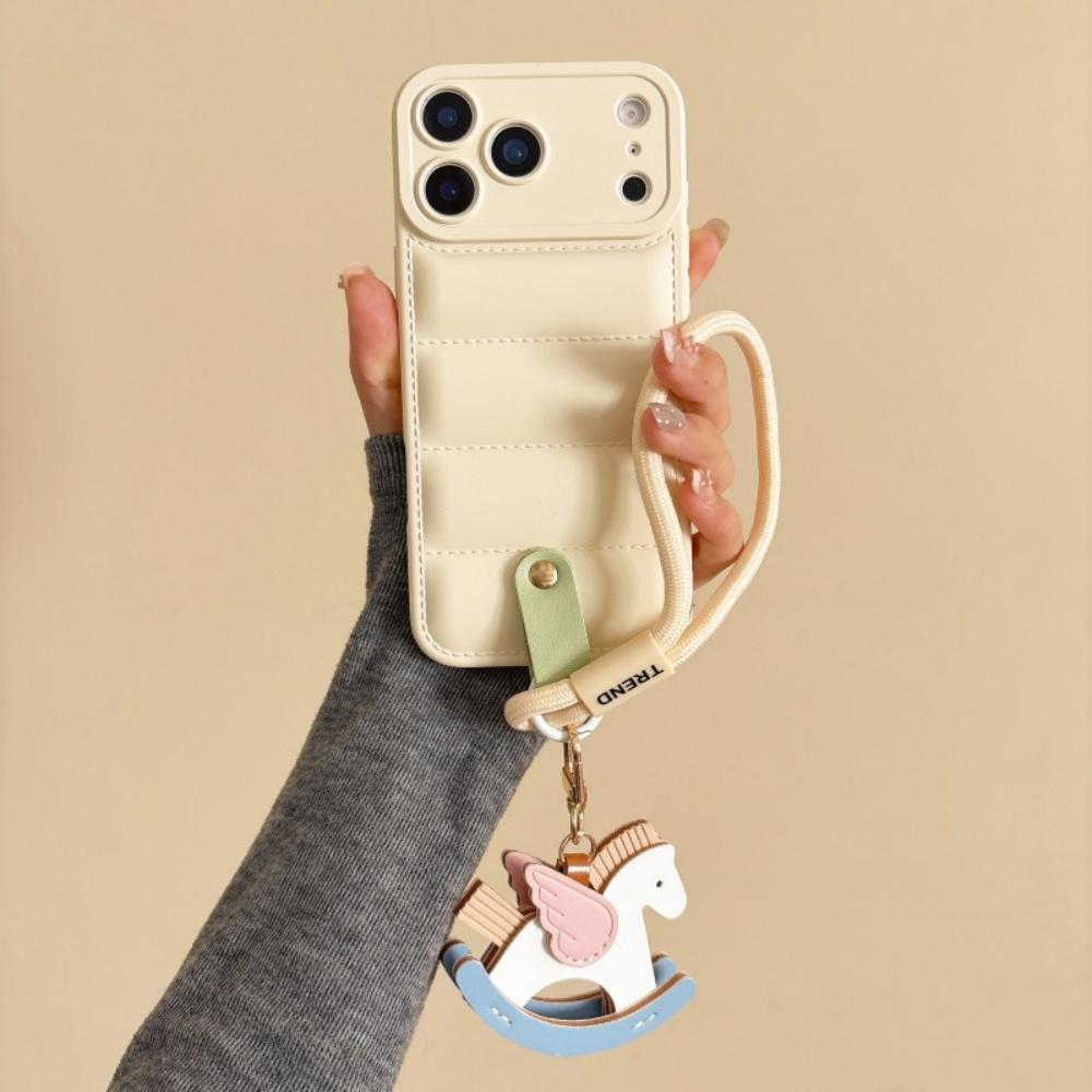 Cartoon Horse Down Jacket Hand Wrist Strap Case for For Iphone 17 16 1 Pro Max Air 14 Plus 13 12 11 X Xr Xs Lanyard Soft TPU Cover