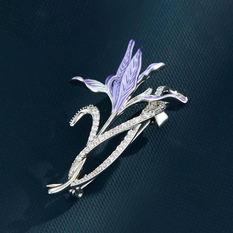 Pair of Tail-shaped Brooches with Enamel Flowers. Luxurious Design Brooch for Women's Accessories.