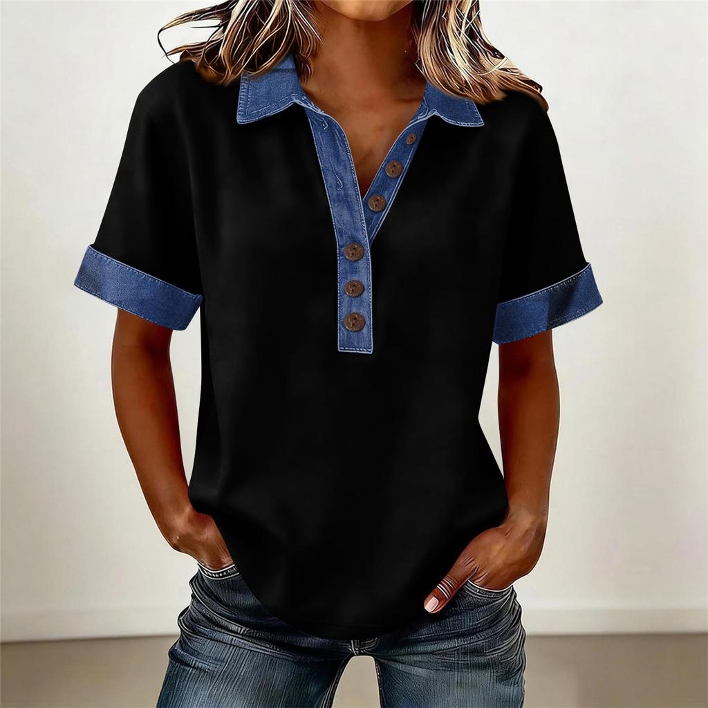 Denim Patchwork Shirts For Women Stand Collar Casual Blouse Short Sleeve Comfy Tshirt Spring Summer Fashion