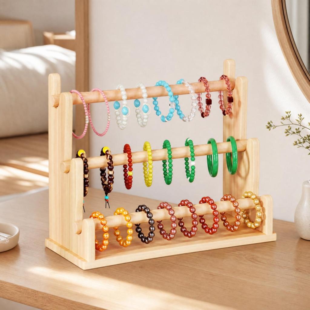 Wood Jewelry Organizer with Base Tray Open Design Tabletop Display Rack Stable Necklace and
