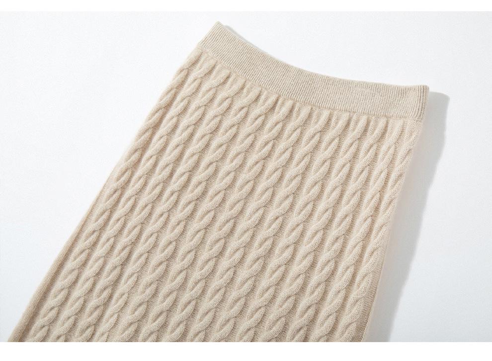 Cashmere Women's High-End Cable Knit Round Neck Sweater & High Waist Skirt Set