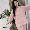Women's Cute Cartoon Round Neck Flannel Pajamas - Warm Striped Coral Fleece Homewear Set for Autumn and Winter