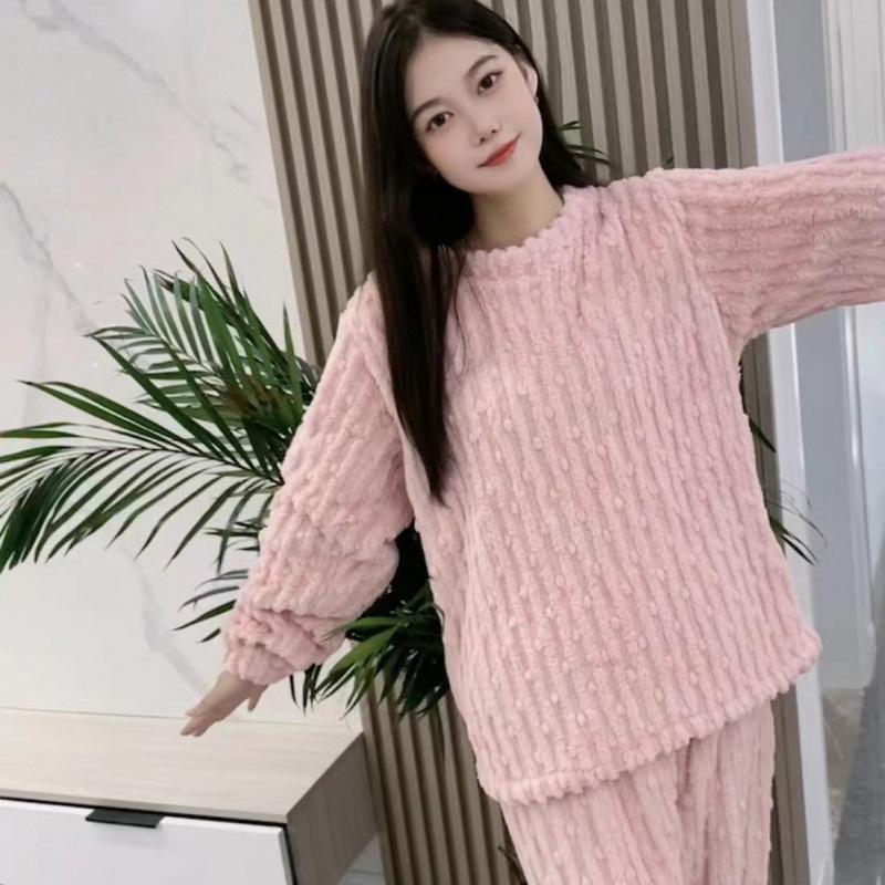 Women's Cute Cartoon Round Neck Flannel Pajamas - Warm Striped Coral Fleece Homewear Set for Autumn and Winter