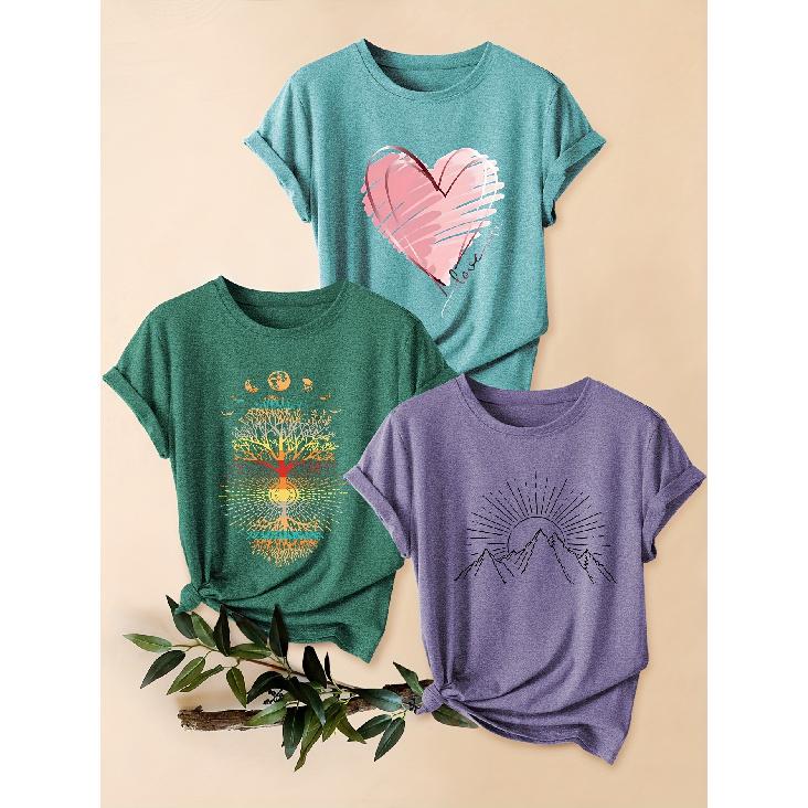 2026 3 Pack Vintage Print Round Neck Women Short Sleeve T Shirts Polyester Knit Casual Sports Daily Tops