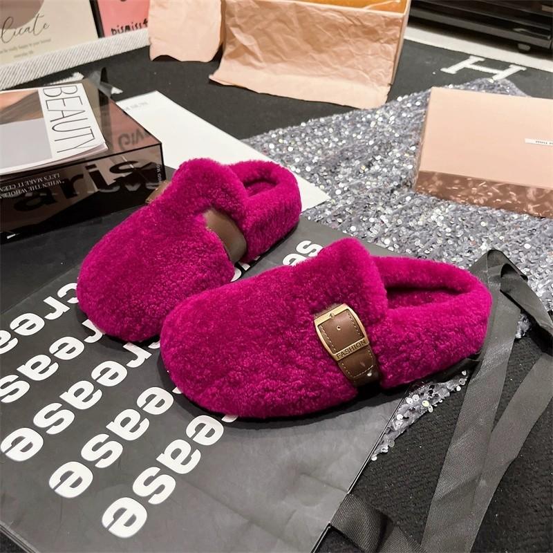 Fashion Simple Flat Bottom Fur Slippers Women's Outdoor Wear 2025 New Autumn Winter Slip-On Fashionable Cotton Slippers Korean Style