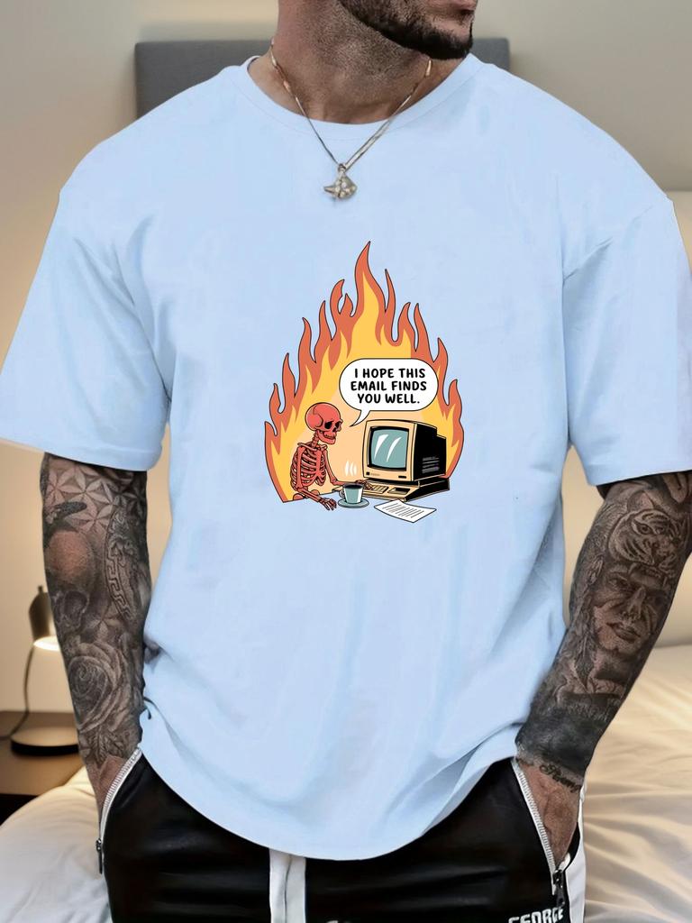 Mens Casual Tshirt Skeleton Flame Email Print Short Sleeve Round Neck Breathable Soft Oversized Humorous Daily Tee