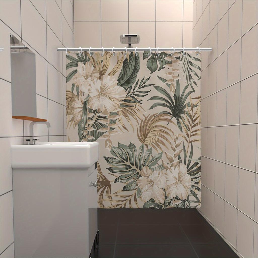 1pc Elegant Tropical Hibiscus Flower Print Shower Curtain Set with Hooks - Beige and Green Polyester, Grommet Top