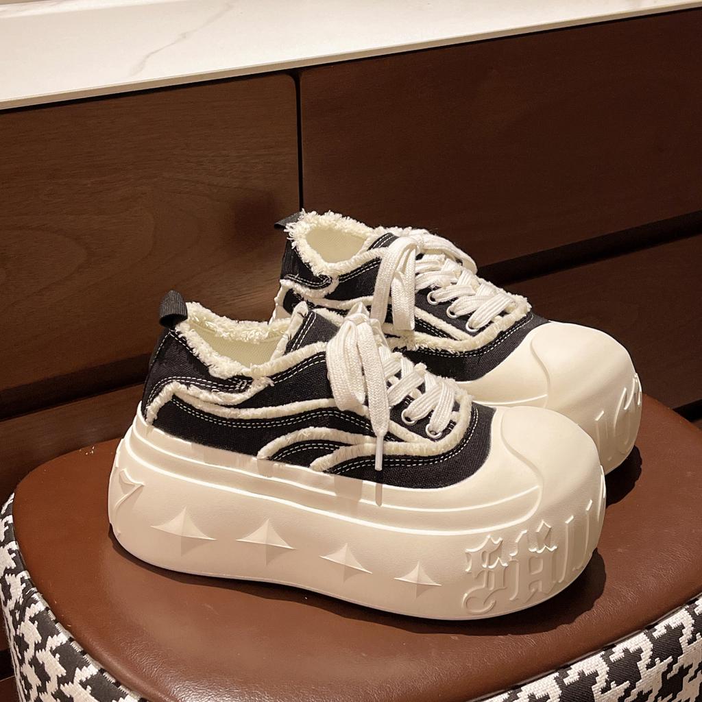 European denim big head muffin platform bread shoes women's canvas shoes lace-up versatile small height-increasing casual shoes