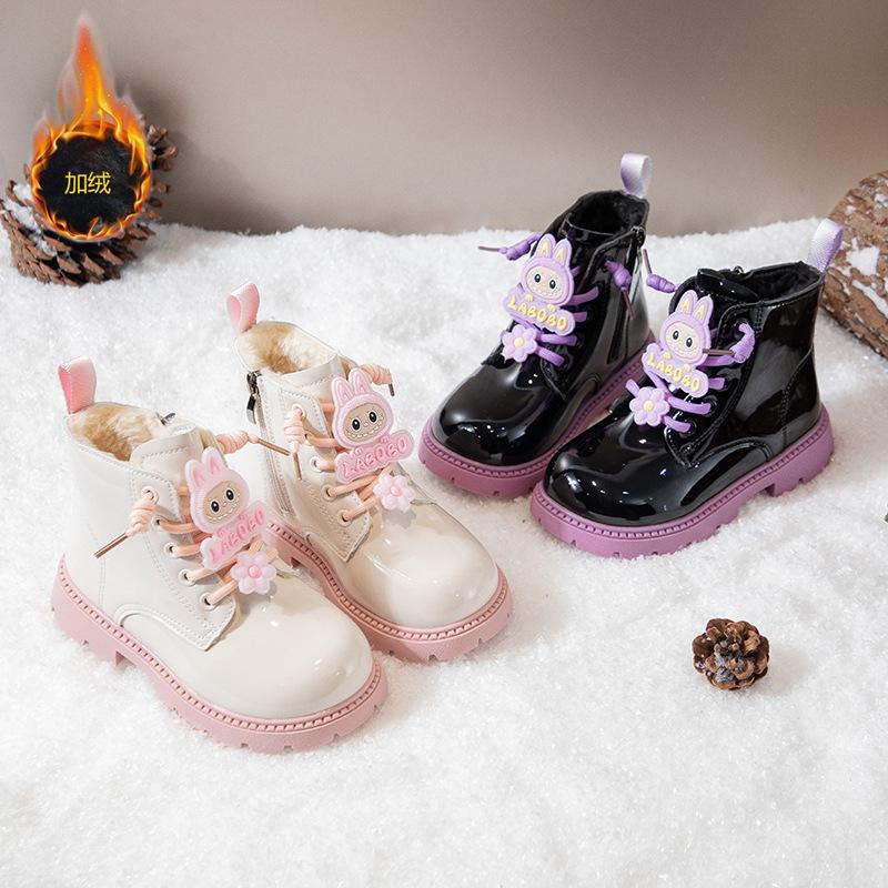 Girls' Martin Boots with Side Zipper, Autumn/Winter Labubu Princess Style Mid-Calf Boots, Shiny Leather, Waterproof, Soft Sole, Fashion Shoes for