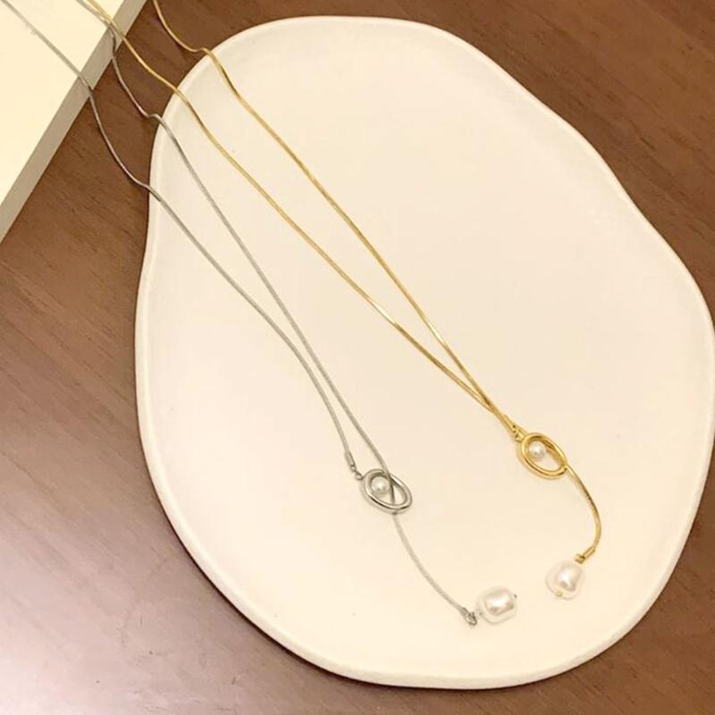 Sturdy Brass Adjustable Chain Baroque Pearls Pendant Long Necklace for Women's Fashion Sweater Chain Jewelry Accessory