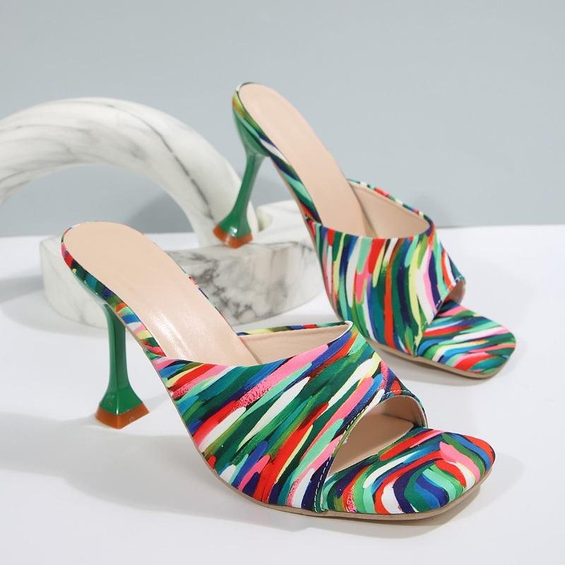 Fashion Plus Size Women's High Heels Summer New Fashion Square Toe Open Toe Color Block Pattern Pull-in Foot Non-Slip Stiletto Heels