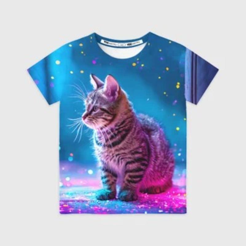 Children's Cartoon Kitten Print Cute Multi-color T-shirts Girls Fashionable Soft Comfortable T-shirt