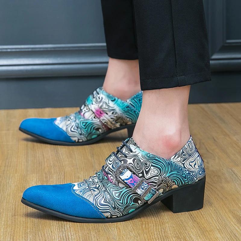 Loafers for Men Pointed Toe Mixed Colors Slip-On Thick High Heels Party Fashion Mens Shoes Handmade Size 38-46