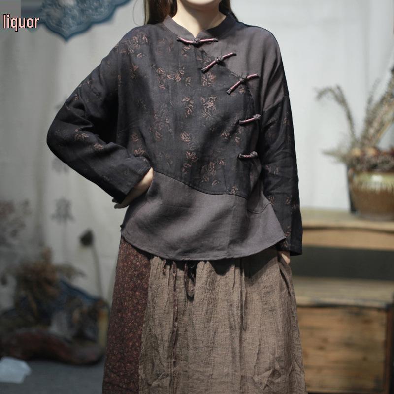 

2025 Spring Color Block Linen Shirt: Elegant One-Shoulder Loose Long Sleeve with Half-High Collar 2XL чорний/квітковий