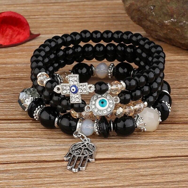 Bracciale Regolabile con Perline Acriliche Multistrato alla Moda per Donne BoHo Portafortuna Malocchio Croce Palma Ciondoli Bracciali Gioielli
