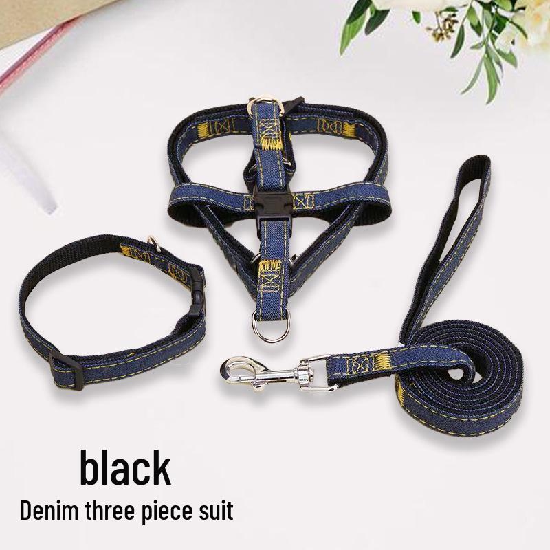 Denim Dog Leash and Harness Set with Teddy Chain for Small To Medium Dogs