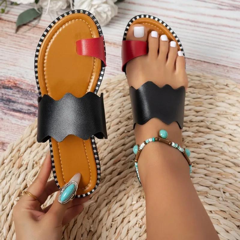 Fashion Plus Size 2025 Summer New Open Toe Women's Slippers Mixed Colors Flat with Bordered Thong Sandals Outdoor Daily Beach Slippers