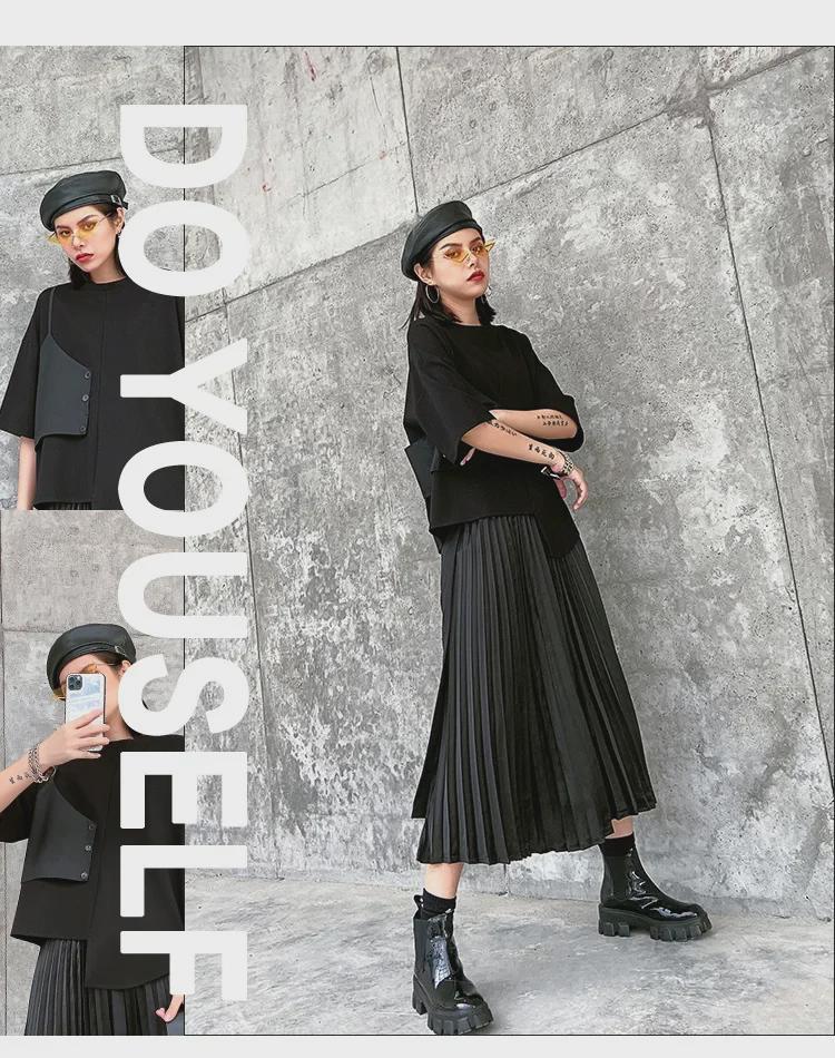 Women's Japanese Dark Style Two-Piece Set: Irregular Short Sleeve Top & Pleated Midi Skirt.