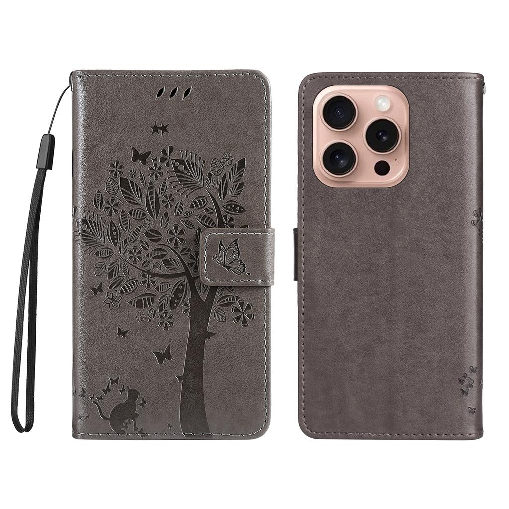 For iPhone 16 Pro Phone Case with Stand Cat Tree Pattern Leather Wallet Mobile Cover