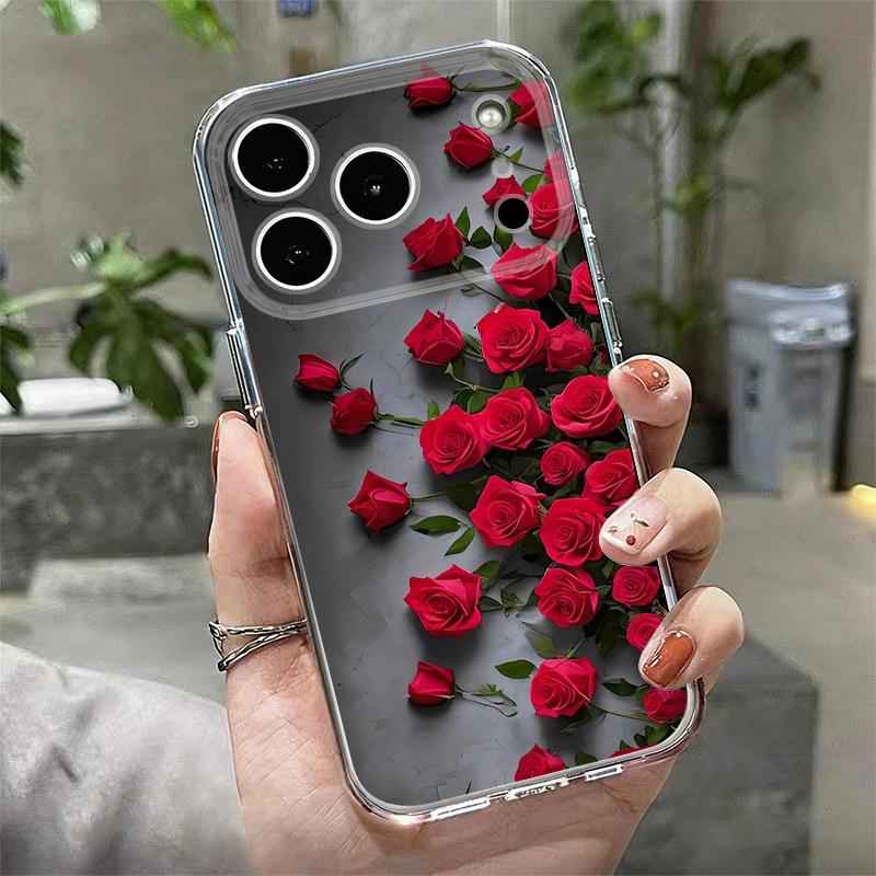 Scarlet Red Rose Flower Pattern Case For iPhone 17 Pro Max Coque iPhone 16 15 14 13 Pro Max 11 Clear TPU Silicone Soft Cover