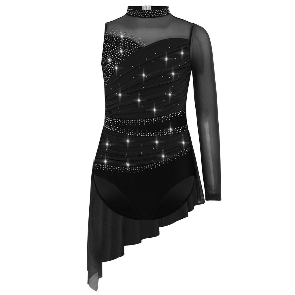 Girls Lyrical Dance Dress Figure Skating Costume Sparkly Rhinestones Ruched Mesh Overlay Asymmetrical Skirted Leotard