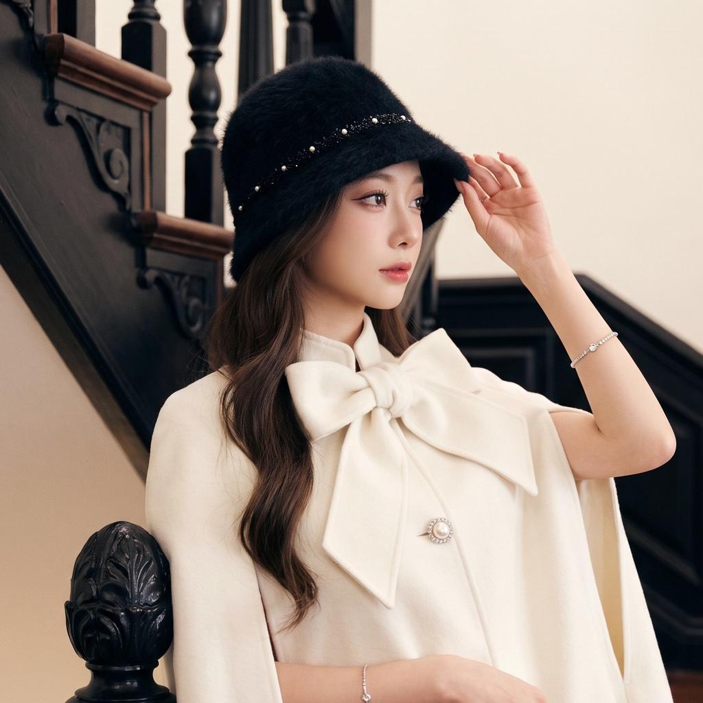 Autumn and winter temperament elegant rabbit fur bucket hat pearl sweet cute plush cold warm ear hat