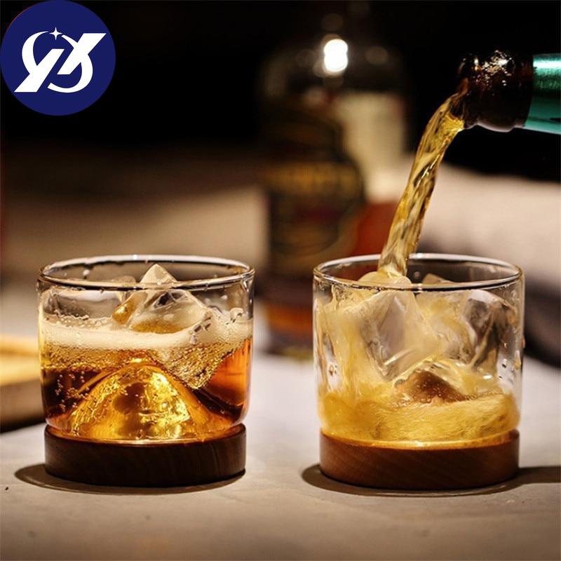 120ML Transparent Mountain W skey Glass with Wooden Base Heat Resistant Beer Glass Wine Water Tea Cup Set Bar Drinkware