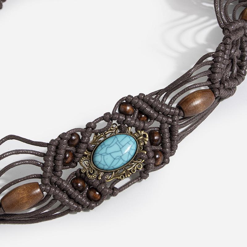 New Bohemian-style Alloy Cat's Eye Crown Bead Woven and Knotted Ethnic Style Handmade Vacation Women's Waist Rope
