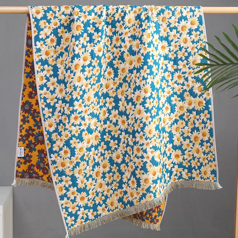 Flowers Tassels Bath Towel 80x160cm - 100% Cotton Gauze Towel Soft Absorbent Quick Drying Large Bath Towel Double-sided Floral Towel for Women