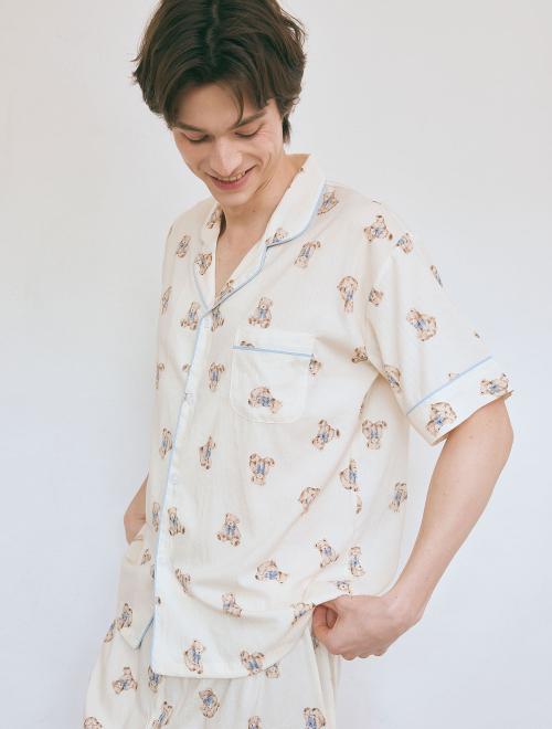[LUNALUZ STUDIO] Men's Petit Bear Rayon Blend Short Sleeve Collar Two-piece [Shipped from Korea] 100% Authentic