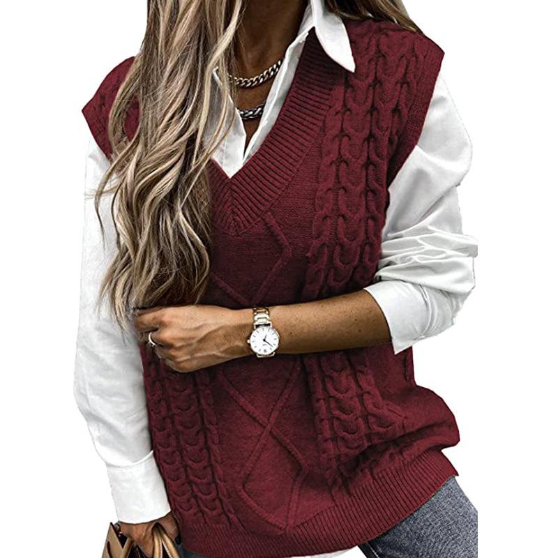 Nuovo maglione autunno/inverno da donna, gilet largo alla moda, maglione a trecce senza maniche con scollo a V ampio, stile europeo e americano