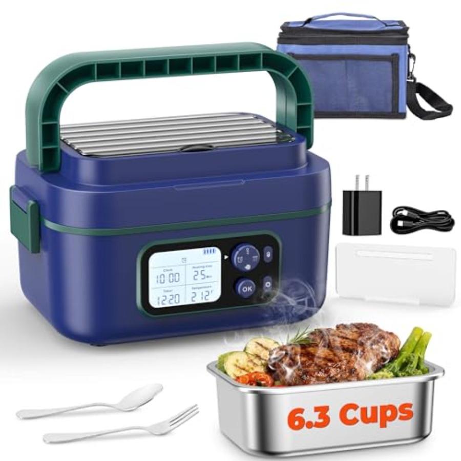 

Cordless Electric Lunch Box for Adults 24 000 mAh 6.3 Cups 100W Heated Lunch Box for Men with Scheduled Heating and Memory Max синій