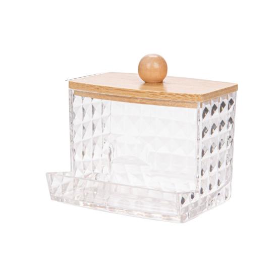 Storage Box with Bamboo Lid Dustproof Moisture Resistant Clear Acrylic Container Cotton Swabs Dental Floss Jewelry Organizer