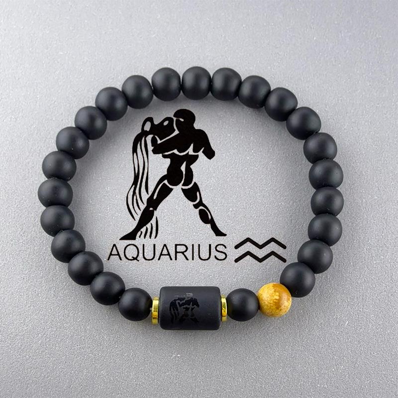 

8mm Zodiac Beaded Bracelets for Men Women Natural Matte Black Onyx Stone Double-Sided Constellation Charm Couple Bracelet