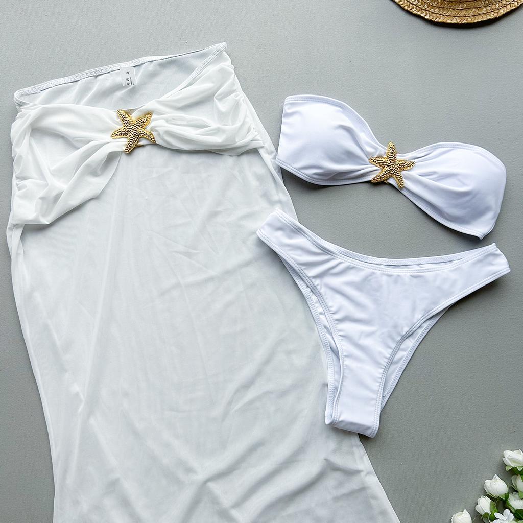 OFTBUY 2025 New Summer Sexy Solid Long Dress Swimsuit Women 3 Pieces Bikini Set Bra Plain Beach Swimwear Female