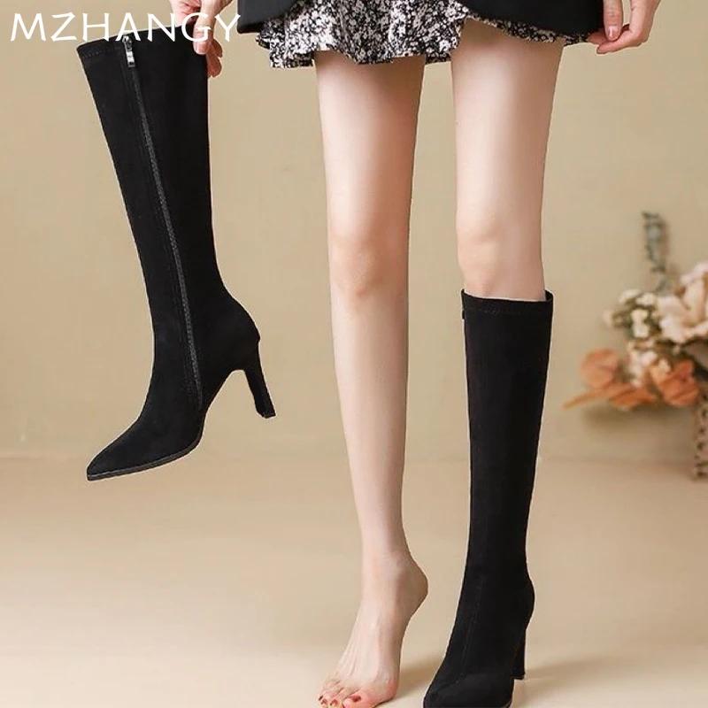 High Heels Women Suede High Boots Pointed Toe Sexy Elegant Shoes 2025 Trend Party Chelsea Boots Pumps Fad Winter New Mujer Botas